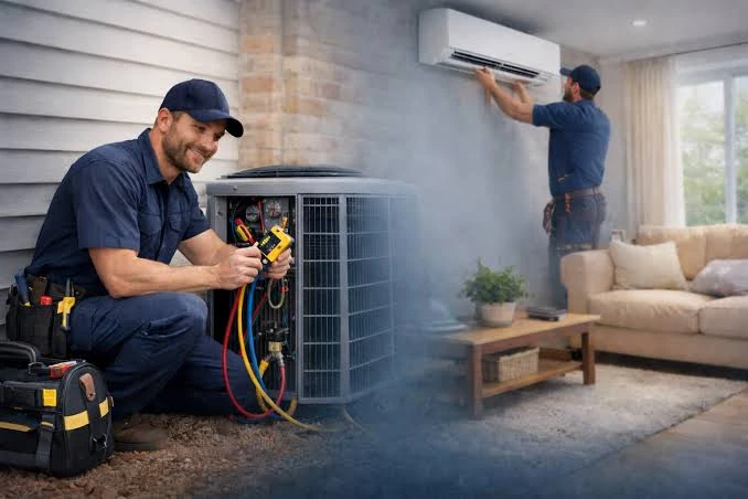 Outdoor condenser servicing and indoor wall-mounted air conditioner maintenance